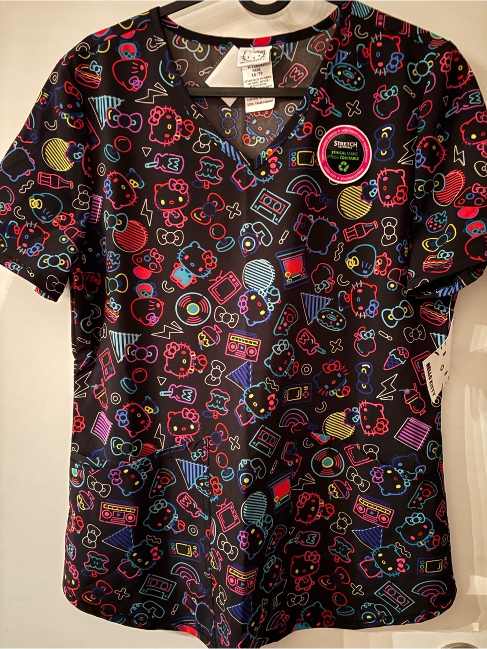 NWT Sanrio Hello Kitty Scrubstar XS Petite V Neck Top Black Neon Y2K Music Print